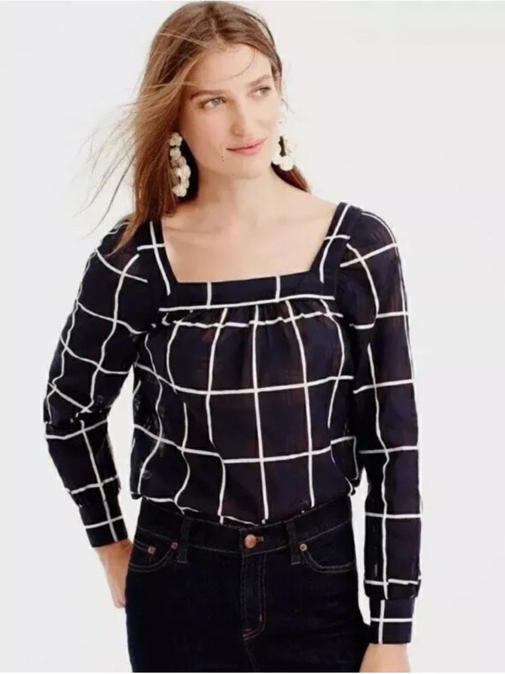 J. Crew Penny Windowpane Navy‎ and White Square-neck Blouse Size 00